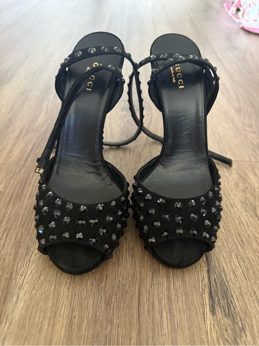 Gucci Black Studded Open-Toe Ankle-Strap Heels